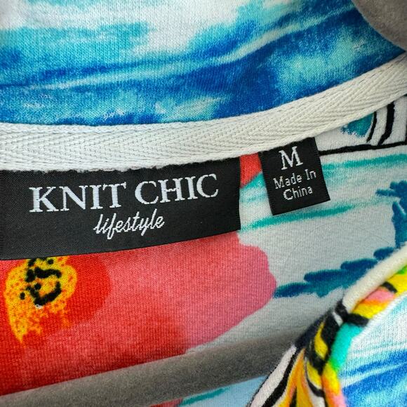 Knit Chic Colorful Beachy Floral Print Full Zip 3/4 Sleeve Jacket Pockets Size M - Picture 5 of 6